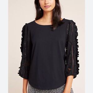 Anthropologie- black lace, three-quarter length sleeve top size small